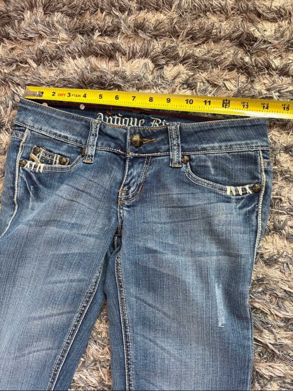 Antique Rivet Low-Rise Cotton Blue Flare Jeans with Subtle Distress - Picture 10 of 12